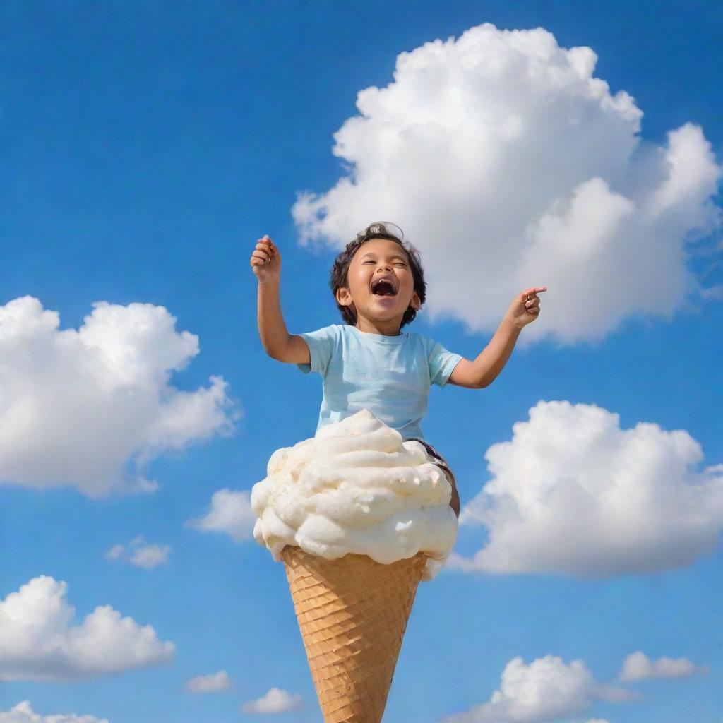 A joyful child gleefully riding a giant, buoyant ice cream cone, soaring high up amidst fluffy clouds in a clear blue sky.