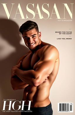 A handsome, sexy man with well-defined muscles and smooth white skin posing confidently on the cover of a high-fashion photo magazine