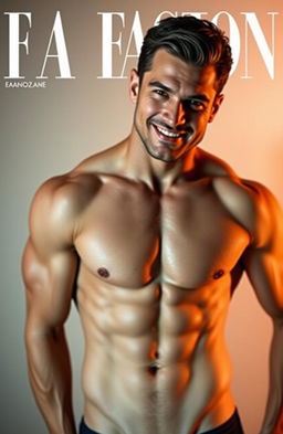 A handsome, sexy man with well-defined muscles and smooth white skin posing confidently on the cover of a high-fashion photo magazine