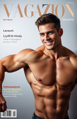 A handsome, sexy man with well-defined muscles and smooth white skin posing confidently on the cover of a high-fashion photo magazine