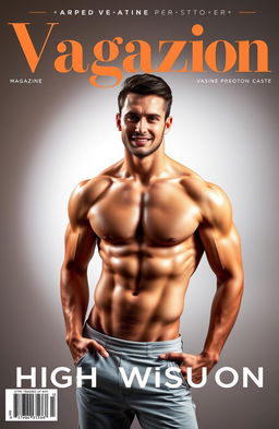 A handsome, sexy man with well-defined muscles and smooth white skin posing confidently on the cover of a high-fashion photo magazine