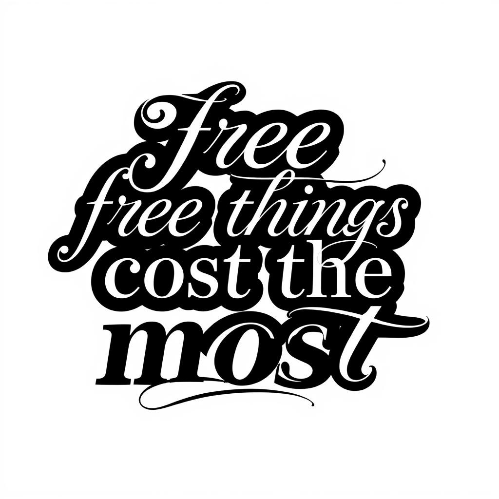 An elegant monochrome lettering design for the phrase "free things cost the most"