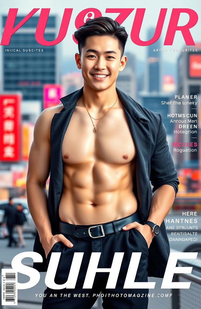 A handsome Korean man on the cover of a photo magazine, showcasing his well-defined muscles and smooth white skin