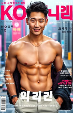 A handsome Korean man on the cover of a photo magazine, showcasing his well-defined muscles and smooth white skin