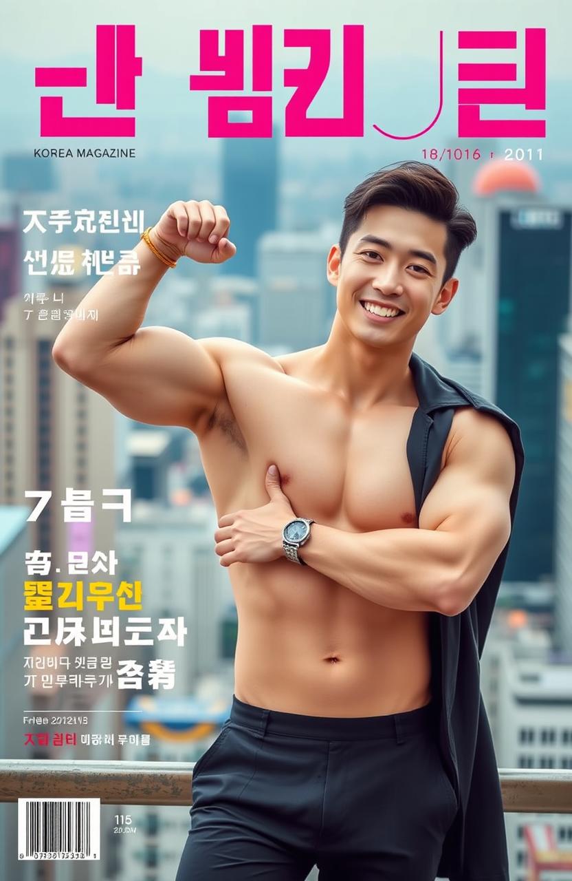 A handsome Korean man on the cover of a photo magazine, showcasing his well-defined muscles and smooth white skin