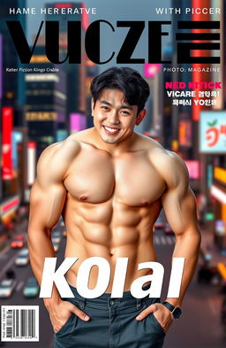 A handsome Korean man on the cover of a photo magazine, showcasing his well-defined muscles and smooth white skin