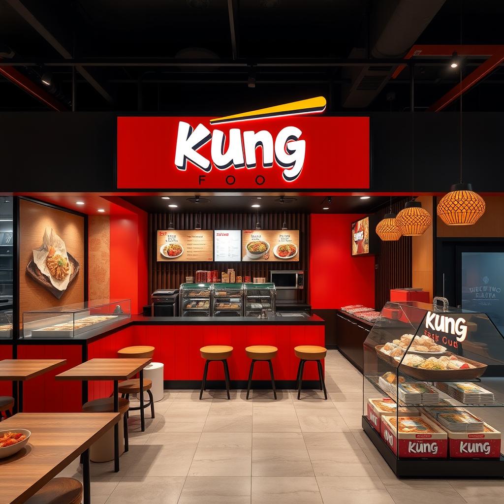 A modern and stylish Asian takeout restaurant designed for takeaway, named 'Kung Food'