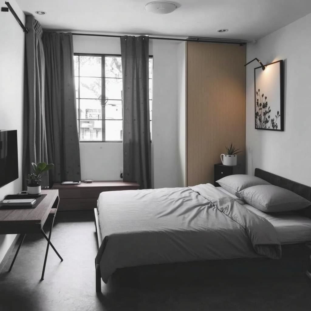 A minimalist bedroom designed in Japandi style, featuring a sleek bed with a light, textured duvet and soft pillows