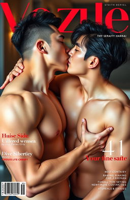 A vibrant and captivating magazine cover featuring two handsome and sexy Korean men