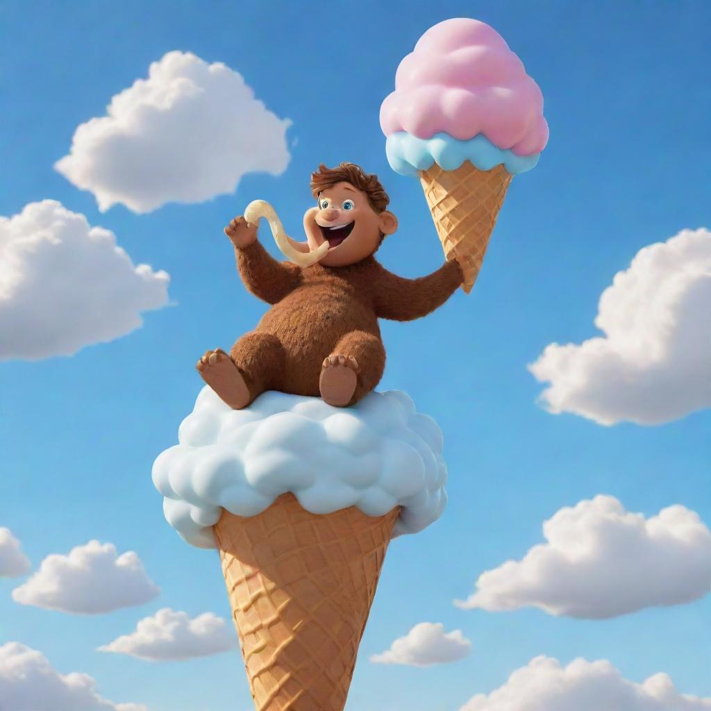 A cartoon-styled depiction of a gleeful child, riding a mammoth, vibrant ice cream cone, cheerfully soaring amidst puffy clouds in a clear sky.