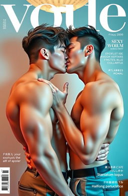 A vibrant and captivating magazine cover featuring two handsome and sexy Korean men