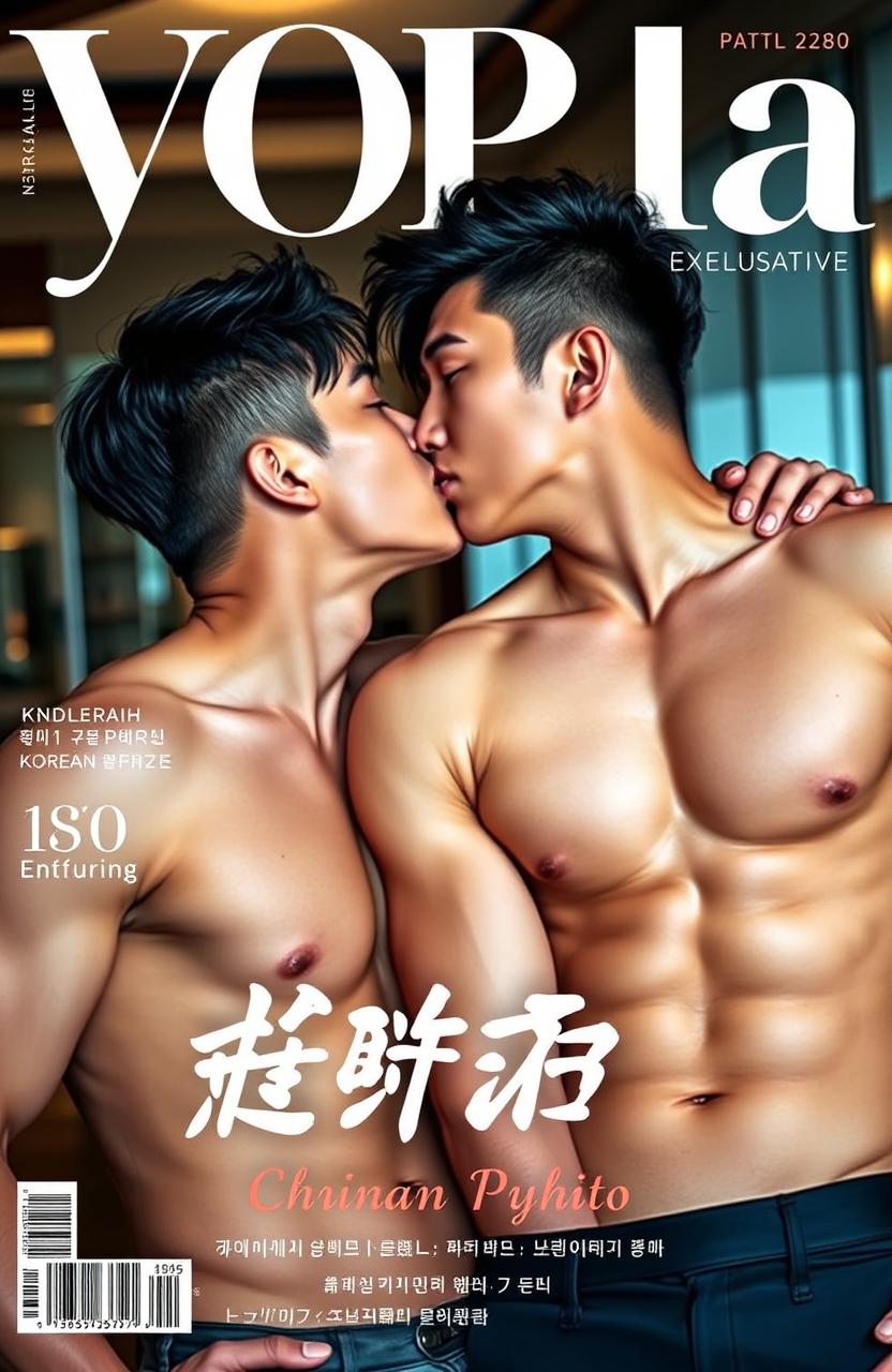 A vibrant and captivating magazine cover featuring two handsome and sexy Korean men