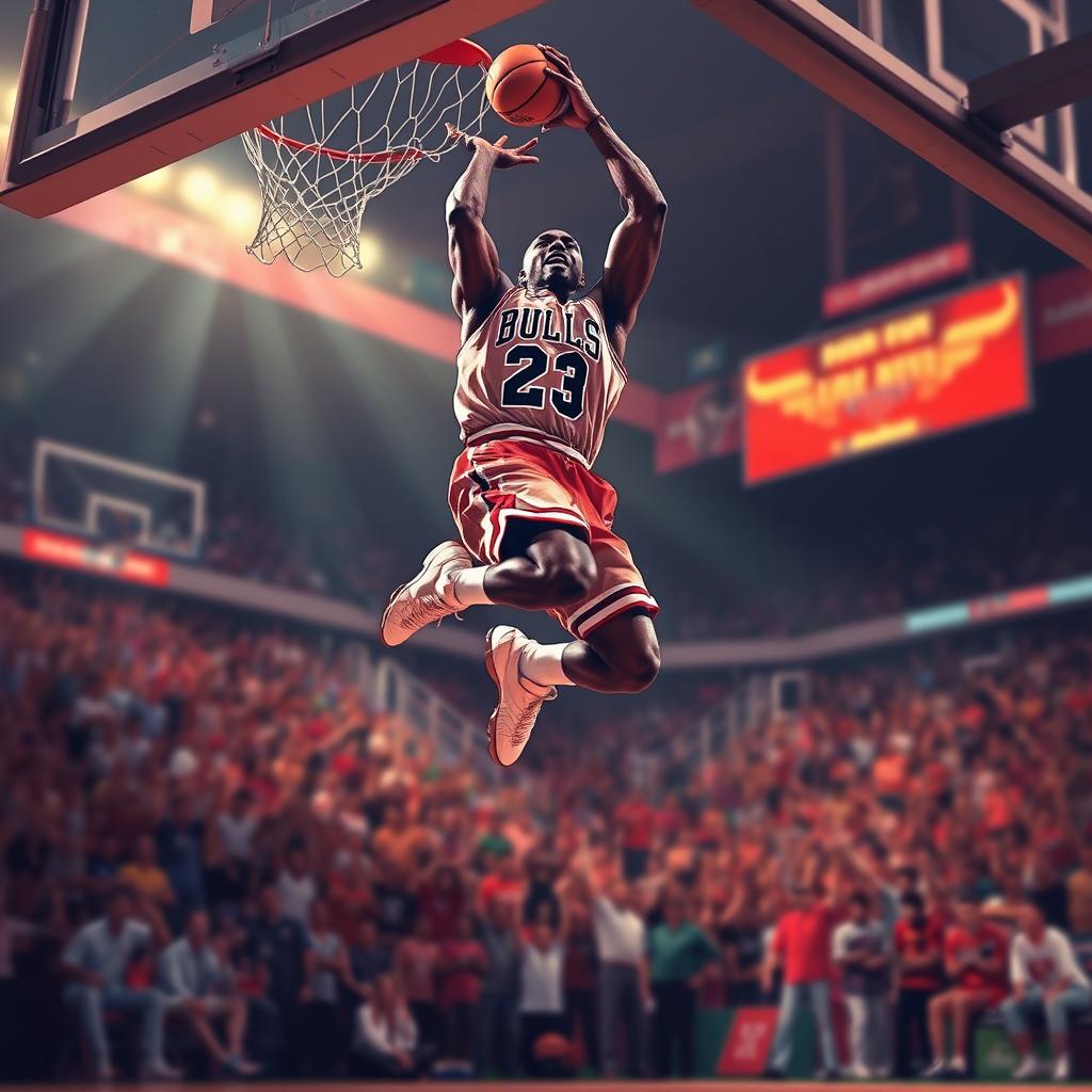 A dynamic illustration celebrating the best dunks of Michael Jordan, featuring him in his iconic Chicago Bulls uniform, soaring through the air with an athletic and powerful pose