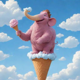 A cartoon-styled depiction of a gleeful child, riding a mammoth, vibrant ice cream cone, cheerfully soaring amidst puffy clouds in a clear sky.