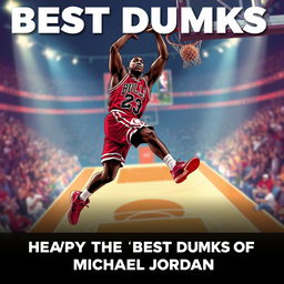 A dynamic illustration celebrating the best dunks of Michael Jordan, featuring him in his iconic Chicago Bulls uniform, soaring through the air with an athletic and powerful pose