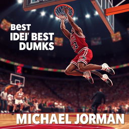 A dynamic illustration celebrating the best dunks of Michael Jordan, featuring him in his iconic Chicago Bulls uniform, soaring through the air with an athletic and powerful pose