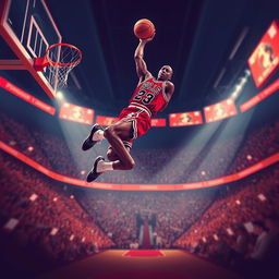 A dynamic illustration celebrating the best dunks of Michael Jordan, featuring him in his iconic Chicago Bulls uniform, soaring through the air with an athletic and powerful pose