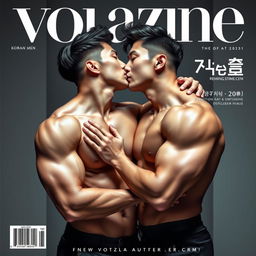 A striking magazine cover featuring two handsome and sexy Korean men