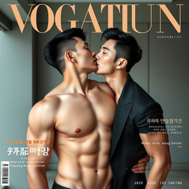 A striking magazine cover featuring two handsome and sexy Korean men