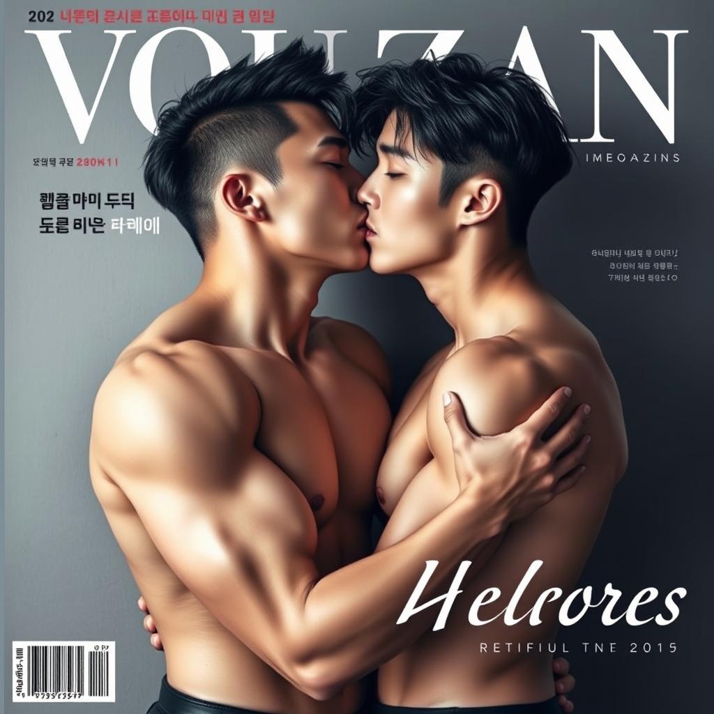 A striking magazine cover featuring two handsome and sexy Korean men