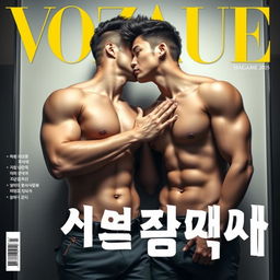 A striking magazine cover featuring two handsome and sexy Korean men