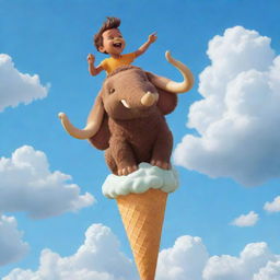 A cartoon-styled depiction of a gleeful child, riding a mammoth, vibrant ice cream cone, cheerfully soaring amidst puffy clouds in a clear sky.