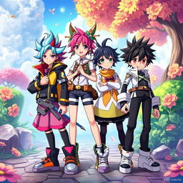 An imaginative and dynamic scene featuring the characters Satory Gollo, Lyffy, Tanyiro, and Eren Yeager standing together