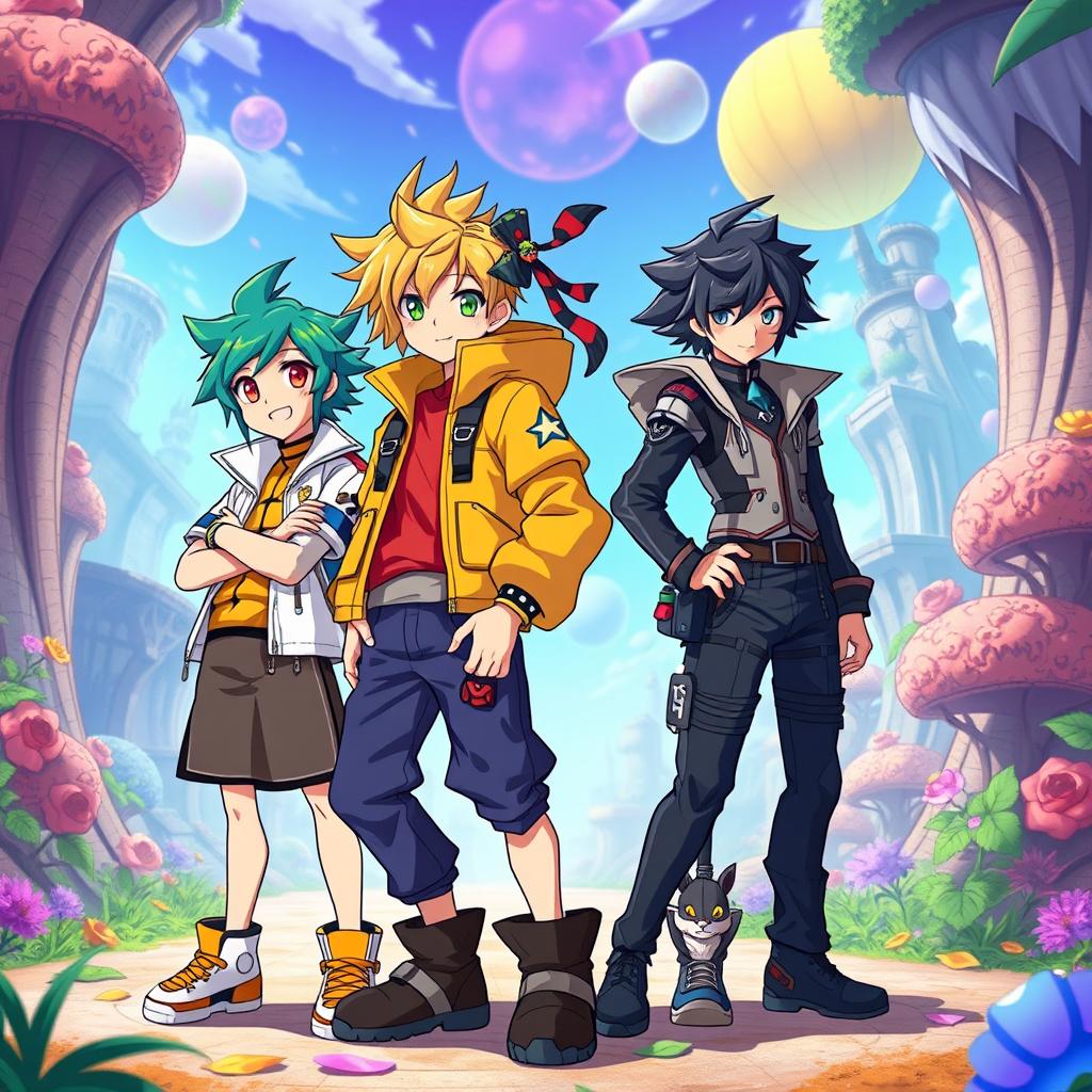 An imaginative and dynamic scene featuring the characters Satory Gollo, Lyffy, Tanyiro, and Eren Yeager standing together