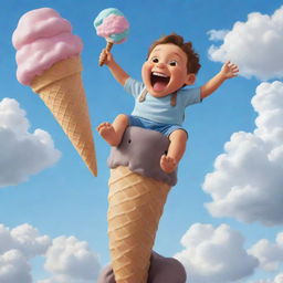 A cartoon-styled depiction of a gleeful child, riding a mammoth, vibrant ice cream cone, cheerfully soaring amidst puffy clouds in a clear sky.