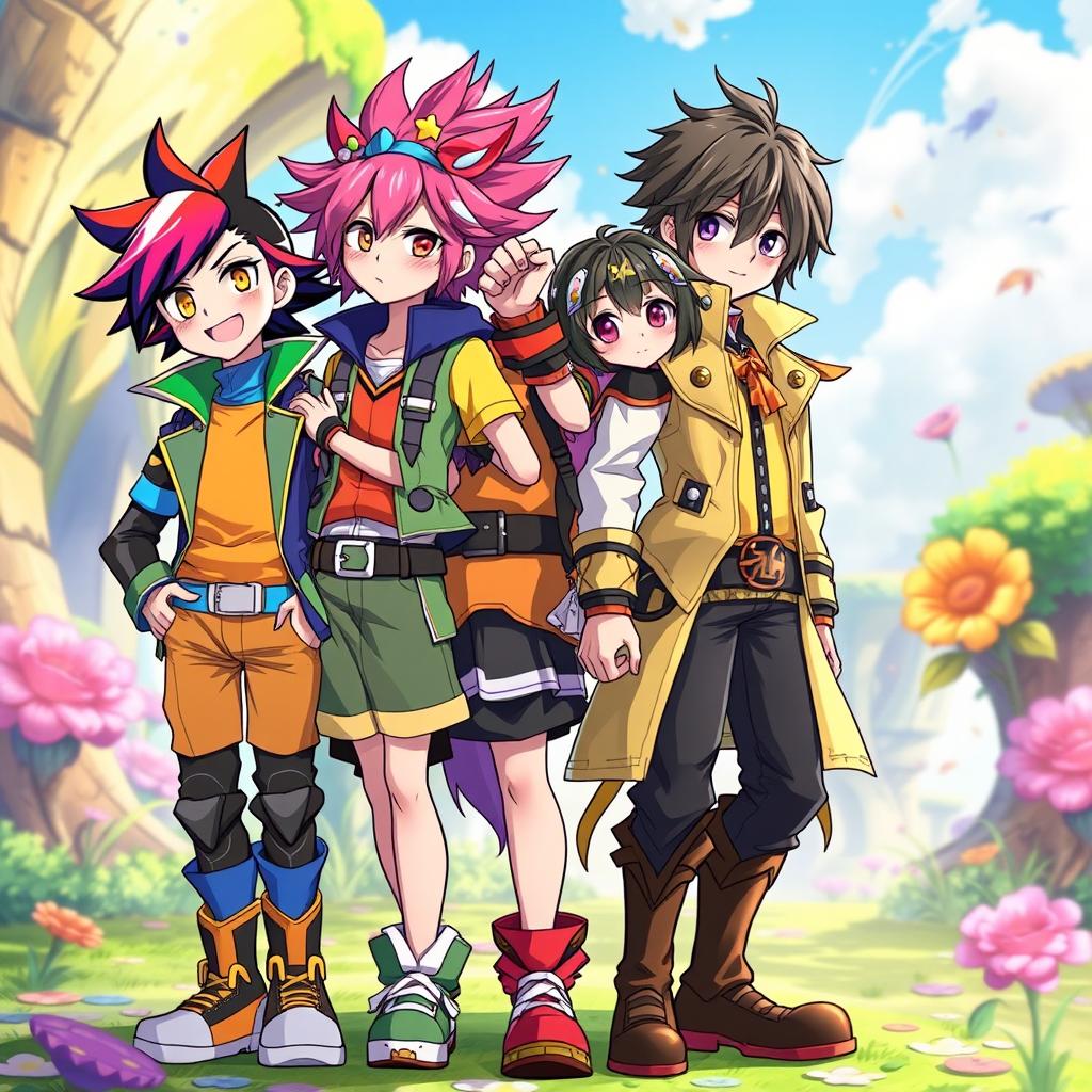 An imaginative and dynamic scene featuring the characters Satory Gollo, Lyffy, Tanyiro, and Eren Yeager standing together