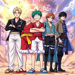 A vibrant and dynamic illustration featuring Satoru Gojo from "Jujutsu Kaisen" standing confidently next to Luffy from "One Piece", with Tanjiro Kamado from "Demon Slayer" on the other side, and Eren Yeager from "Attack on Titan" beside him