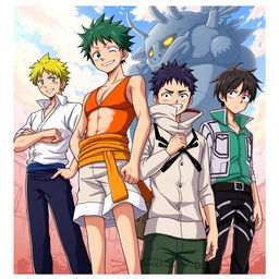 A vibrant and dynamic illustration featuring Satoru Gojo from "Jujutsu Kaisen" standing confidently next to Luffy from "One Piece", with Tanjiro Kamado from "Demon Slayer" on the other side, and Eren Yeager from "Attack on Titan" beside him