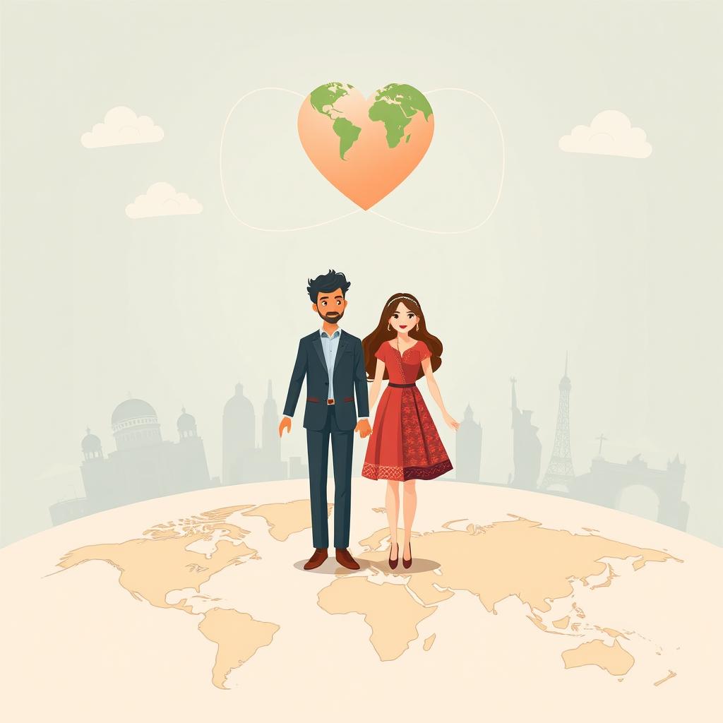 A beautiful illustration representing cross-country love relationships, depicting two diverse couples holding hands, standing on a world map