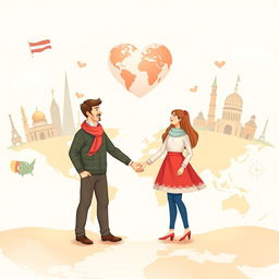 A beautiful illustration representing cross-country love relationships, depicting two diverse couples holding hands, standing on a world map