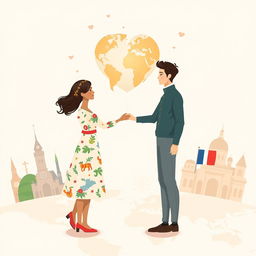 A beautiful illustration representing cross-country love relationships, depicting two diverse couples holding hands, standing on a world map