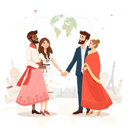 A beautiful illustration representing cross-country love relationships, depicting two diverse couples holding hands, standing on a world map