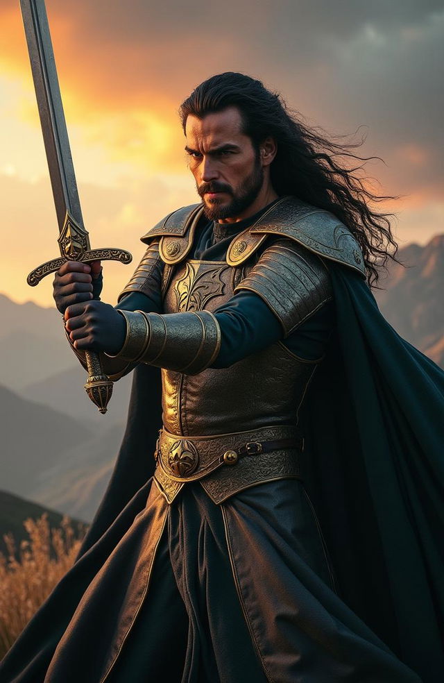 A live action, hyper-realistic image of Prince Isildur from 'The Lord of the Rings', portraying him in a striking pose as he brandishes a powerful sword, representing his royal lineage and courage