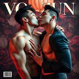 A striking magazine cover featuring two handsome and sexy Korean men