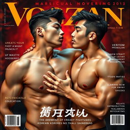 A striking magazine cover featuring two handsome and sexy Korean men