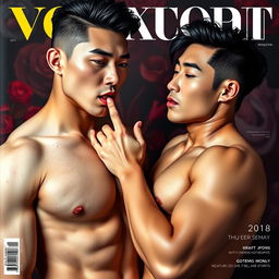 A striking magazine cover featuring two handsome and sexy Korean men