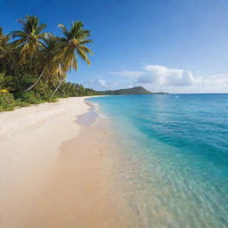 A breathtaking tropical island, dotted with lush palm trees and embraced by sparkling blue ocean. A soft, golden sandy beach stretches invitingly beneath a radiant, sunlit sky.