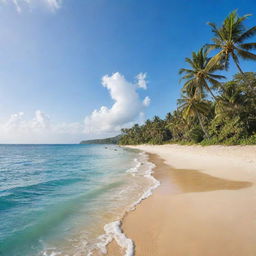 A breathtaking tropical island, dotted with lush palm trees and embraced by sparkling blue ocean. A soft, golden sandy beach stretches invitingly beneath a radiant, sunlit sky.