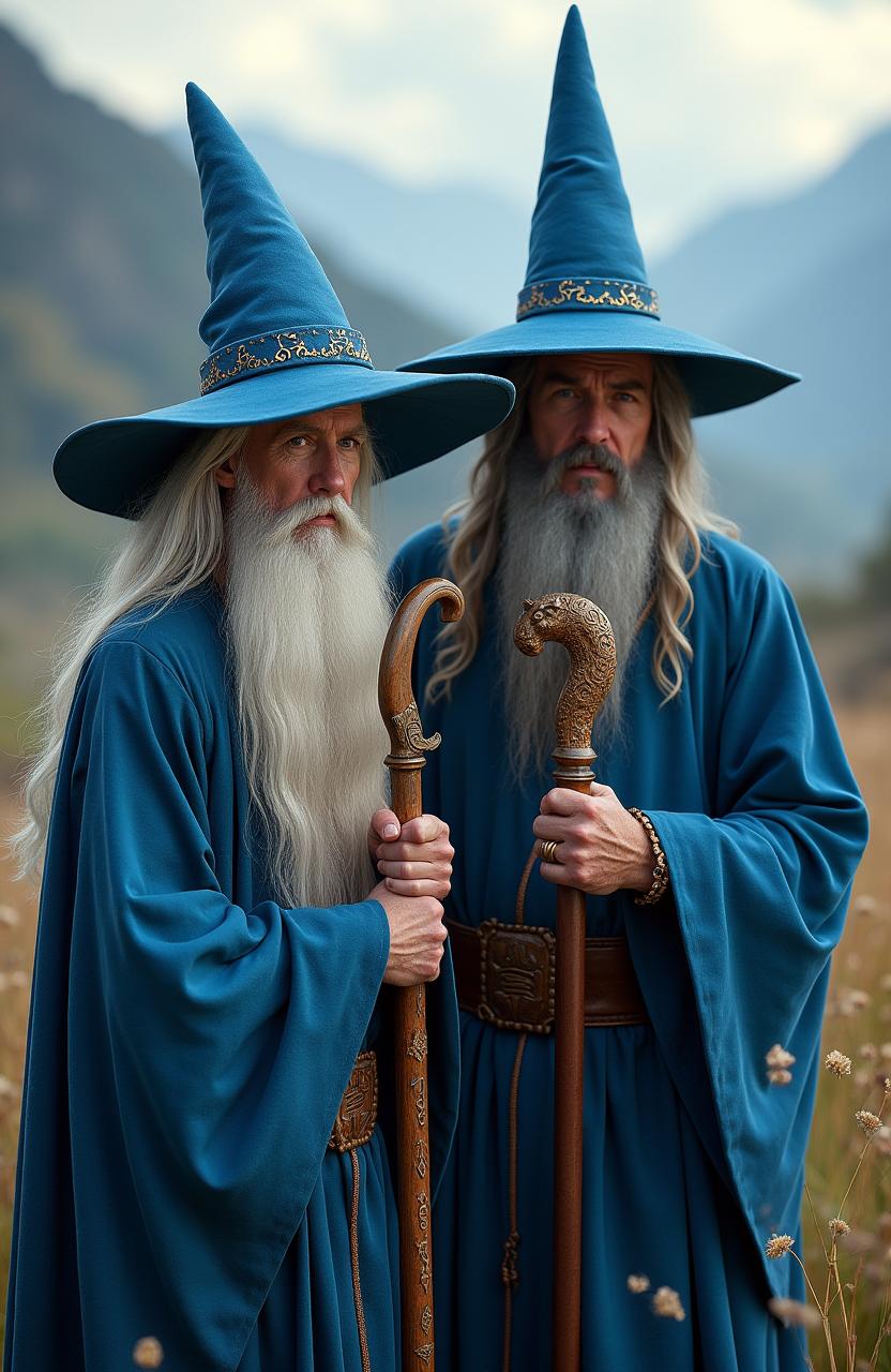 A live action hyper-realistic image of the two Blue Wizards from Tolkien's Lord of the Rings, Alatar and Pallando