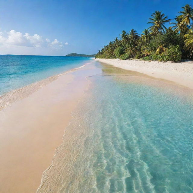 A breathtaking tropical island, dotted with lush palm trees and embraced by sparkling blue ocean. A soft, golden sandy beach stretches invitingly beneath a radiant, sunlit sky.