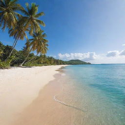 A breathtaking tropical island, dotted with lush palm trees and embraced by sparkling blue ocean. A soft, golden sandy beach stretches invitingly beneath a radiant, sunlit sky.