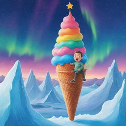 In a cartoon style, a joyous child is riding a massive, colorful ice cream cone, soaring amidst the majestic icy peaks, shimmering northern lights and polar wildlife of the Arctic.