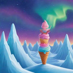 In a cartoon style, a joyous child is riding a massive, colorful ice cream cone, soaring amidst the majestic icy peaks, shimmering northern lights and polar wildlife of the Arctic.