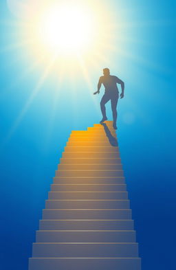 A person climbing a set of stairs that ascends towards a bright horizon, representing success and personal growth