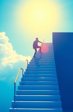 A person climbing a set of stairs that ascends towards a bright horizon, representing success and personal growth