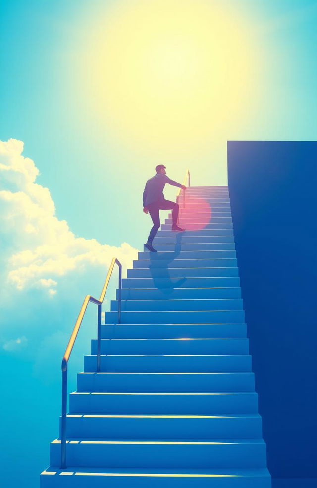 A person climbing a set of stairs that ascends towards a bright horizon, representing success and personal growth